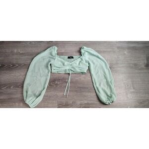 AKIRA Green Ruched Drawstring Center On/Off Shoulders Crop Top‎ S Long Sleeve